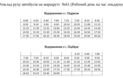 Розклад руху автобусів на маршруті №61 (с. Підрясне - с. Підбірці)