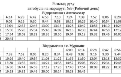 Розклад руху автобусів на маршруті №9 (Автовокзал - с. Муроване)