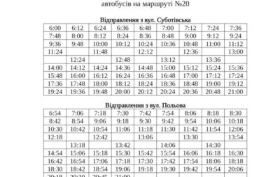 Розклад руху автобусів на маршруті №20 ( вул. Суботівська - вул. Польова)