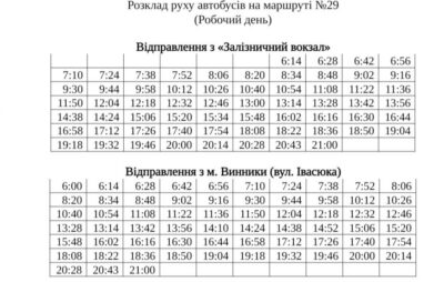 Розклад руху автобусів на маршруті №29 (Залізничний вокзал - м. Винники)