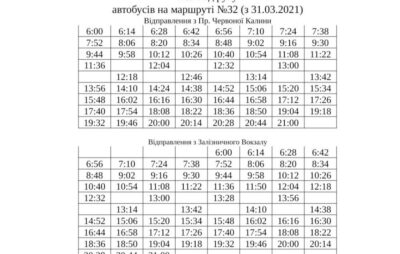 Розклад руху автобусів на маршруті №32 (Пр. Червоної Калини - Залізничний Вокзал)